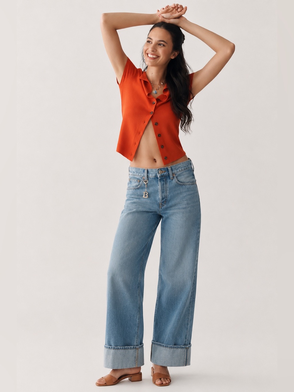 Anthropologie Orange Short-Sleeve Button Cardigan & Light Blue Wide-Leg Jeans